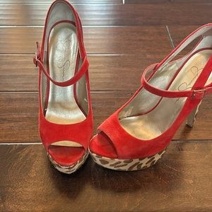 Jessica Simpson Red peep-toe  / Maryjane platform heels , leopard accent…